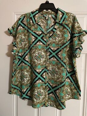 Cato Turquoise Black Gold Print Button-Down Blouse